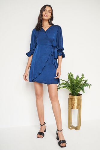 Blue Solid Embroidered Dress, Blue, image 1